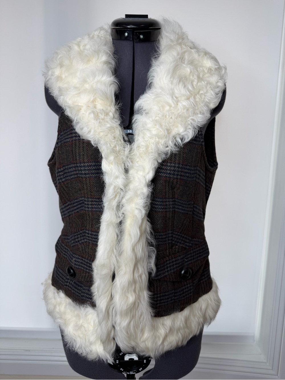 Arden B Brown Plaid Vest with Cream Faux Fur Trim